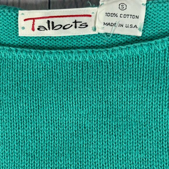 VINTAGE Talbots 90s Teal Blue Cotton Feminine Classic Short Sleeve Sweater S - Picture 3 of 7